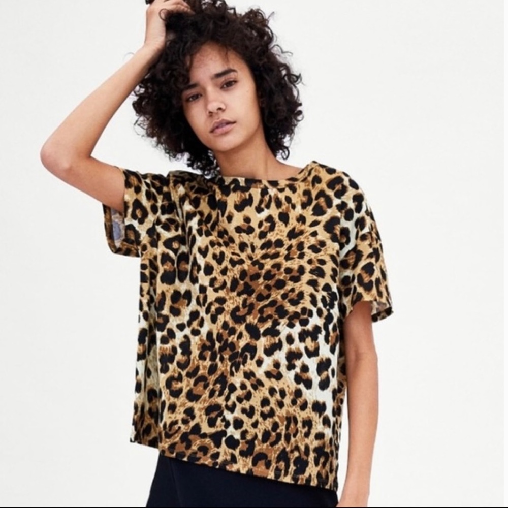 Zara Trafaluc Leopard Boxy Short Sleeve Shirt M